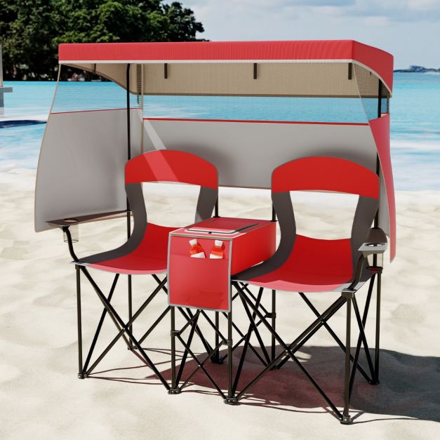 Campingstuhl mit Verstellbarem Sonnenschutz Klappstuhl mit Khltasche &  Becherhalter Rot - Costway