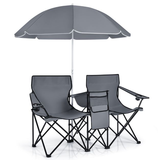Campingstuhl mit Sonnenschirm Doppel Klappstuhl mit Getränkehalter  Kühltasche Grau - Costway