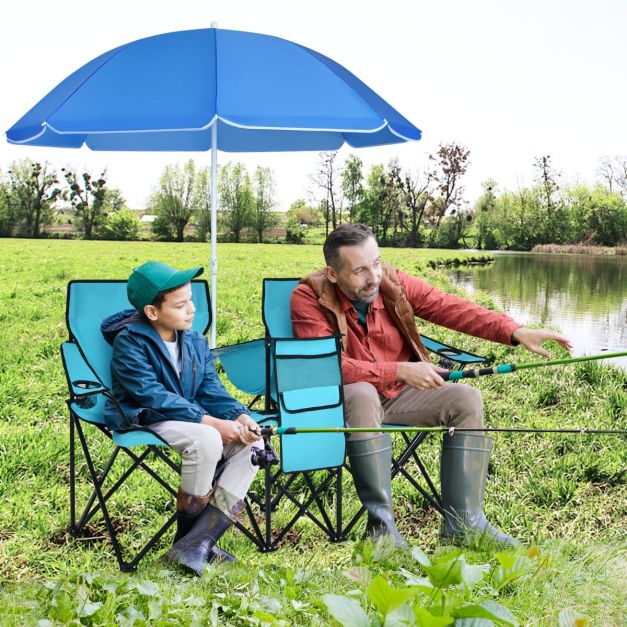 2-Sitzer Campingstuhl mit Sonnenschirm Klappbarer Angelstuhl mit  Tragetasche Faltstuhl - Costway