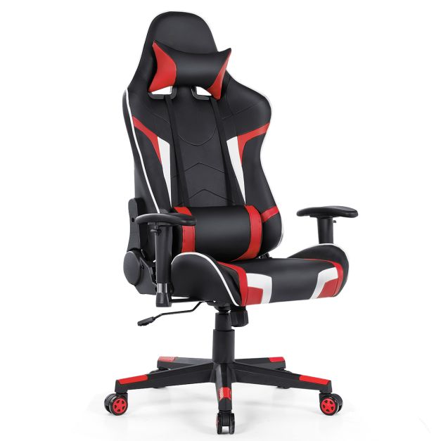 Bürostuhl mit Lendenkissen & Kopfstütze Ergonomischer Gaming Stuhl Schwarz  + Rot - Costway