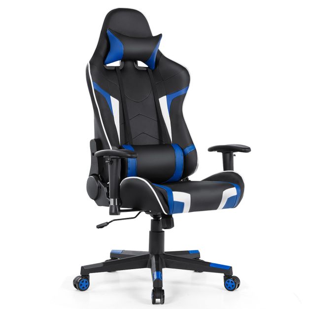 Bürostuhl mit Lendenkissen & Kopfstütze Ergonomischer Gaming Stuhl Schwarz  + Blau