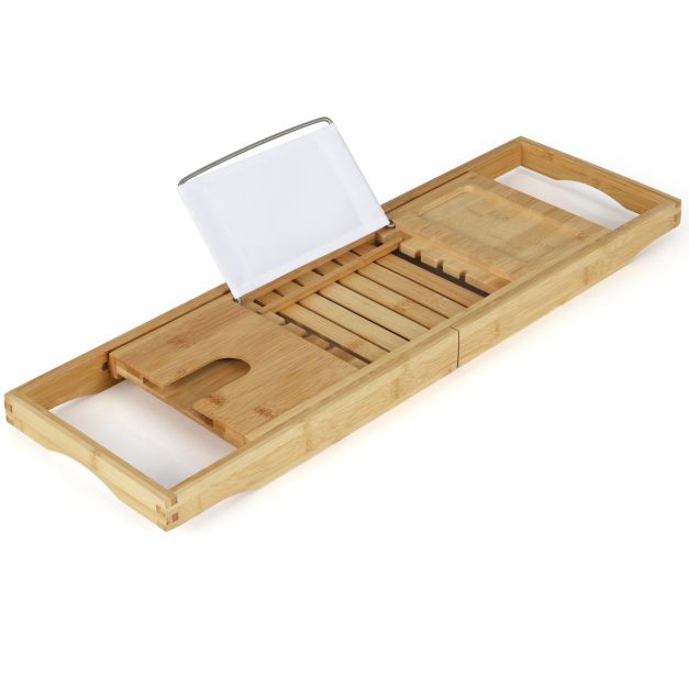 Bambus Badewannenbretter ausziehbare Badewannenablage mit verstellbarem  Buchstnder 70,5-105 x 22 x 4 cm Natur - Costway