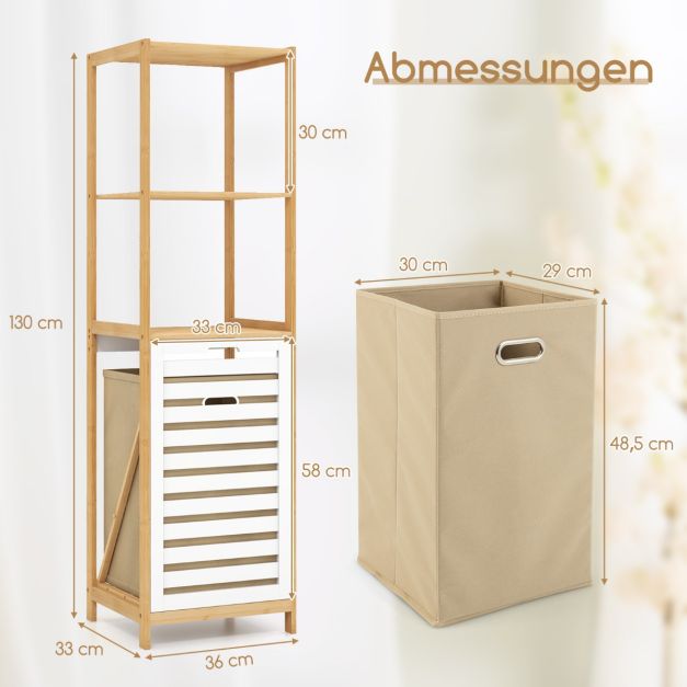 4-stufiger Badezimmerregal mit kippbarem Wschekorb Bambus Hochschrank  Wscheschrank 36 x 33 x 130 cm Natur + Wei - Costway
