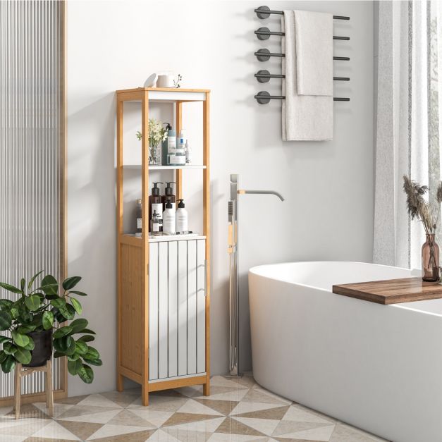 Badezimmerschrank schmal mit Lamellentr und verstellbarem Regal Badschrank  Bambus Natur - Costway