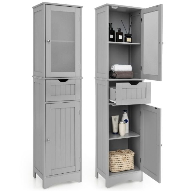 Badezimmerschrank mit 2 Türen & 1 Schublade Freistehender Hochschrank 40 x  30 x 170 cm Grau - Costway
