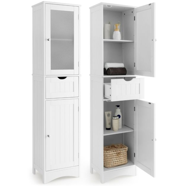 Badezimmerschrank mit 2 Türen & 1 Schublade Freistehender Hochschrank 40 x  30 x 170 cm Weiß - Costway | Hochschränke