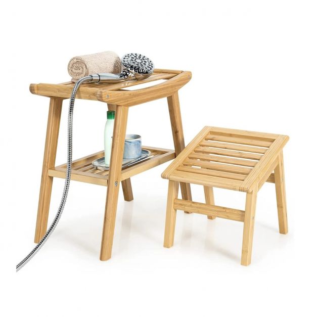 Bambus-Duschbank und Fuhocker Badezimmer-Sitzhocker fr Dusche Natur