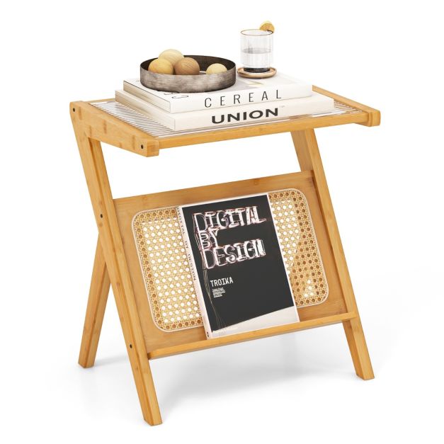 Bambus Beistelltisch mit Rattan Magazinhalter & Gehrteter Glasplatte  Z-frmiger Couchtisch