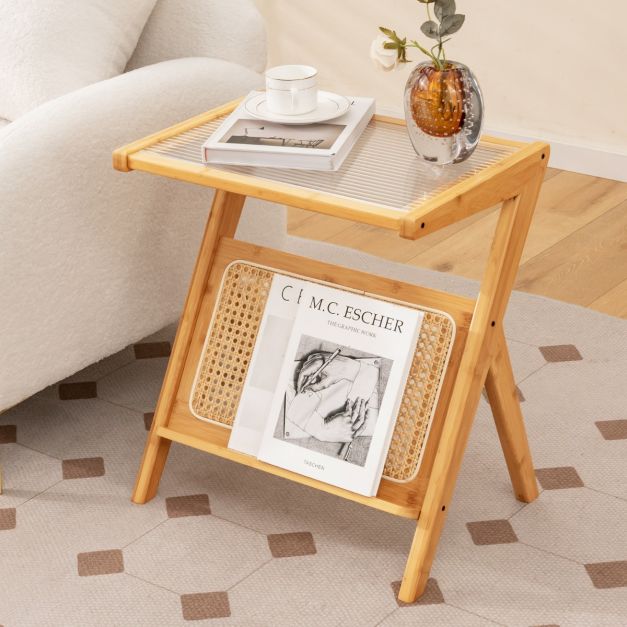Bambus Beistelltisch mit Rattan Magazinhalter & Gehrteter Glasplatte  Z-frmiger Couchtisch