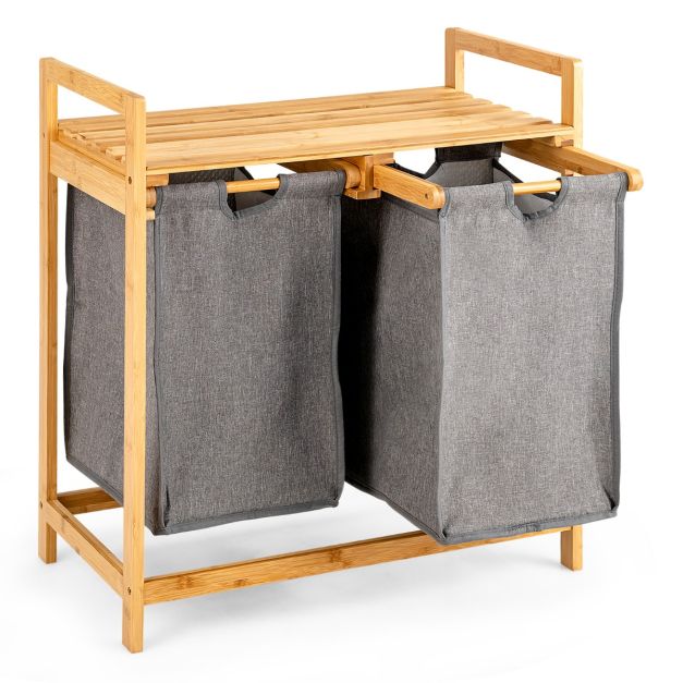 Bambus-Wäschekorb mit zwei Fächern 2-Teiliger Wäschekorb 64 x 33 x 73 cm  Natürlich - Costway