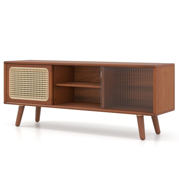 Bambus TV Schrank mit Rattan- & Glasschiebetr TV Lowboard Fernsehtisch  Fernsehschrank Braun