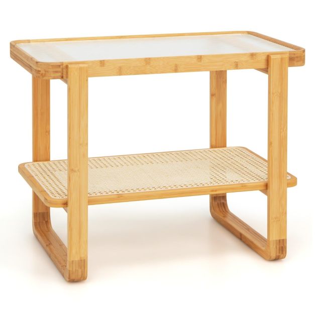 Couchtisch mit Abnehmbarer Glasplatte & Rattanablage Kaffeetisch mit  Gestell aus Bambus - Costway