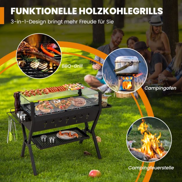 Holzkohlegrill mit Windschutz Wrzregalen & Ablage Campinggrill Grillflche  aus Edelstahl 98 x 42 x 68 cm Braun - Costway