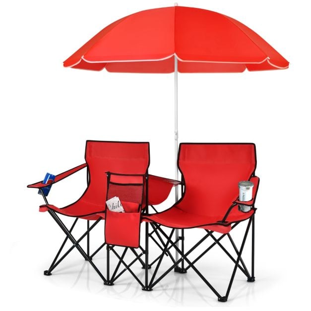 2-Sitzer Campingstuhl mit Sonnenschirm Klappbarer Angelstuhl mit  Tragetasche Faltstuhl - Costway