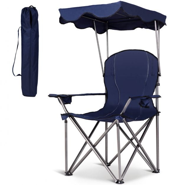 Klappbarer Campingstuhl mit Sonnendach Getrnkehalter Tragtasche 96,5 x  67,5 x 130 cm Blau - Costway
