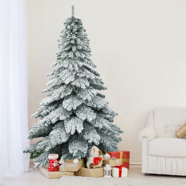 225 cm Knstlicher Weihnachtsbaum mit Schnee Tannenbaum mit Metallstnder  Grn + Wei - Costway