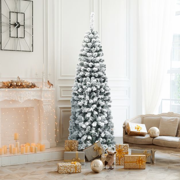 180 cm Bleistift Weihnachtsbaum mit Schnee knstlicher Tannenbaum mit  Metallstnder Grn + Wei - Costway
