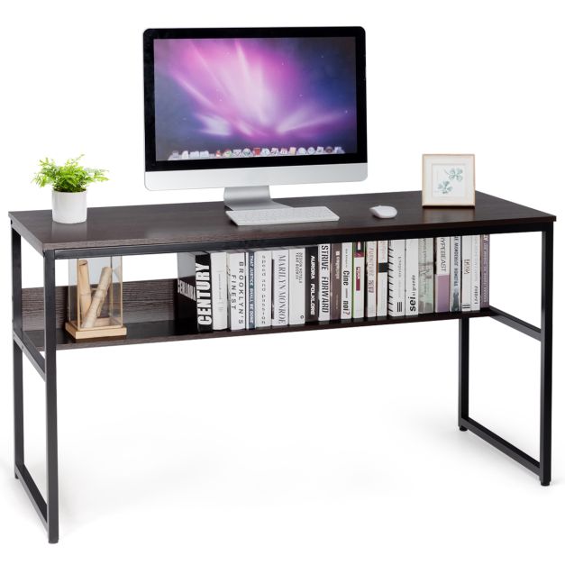 Computertisch mit Ablagefläche Metallstruktur Schreibtisch für  Arbeitszimmer Office Schlafzimmer Braun - Costway