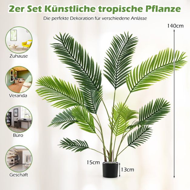 2er Set Knstliche Areca Palme 140 cm Kunstpflanze im Topf Kunstpalme mit  Blttern Grn - Costway