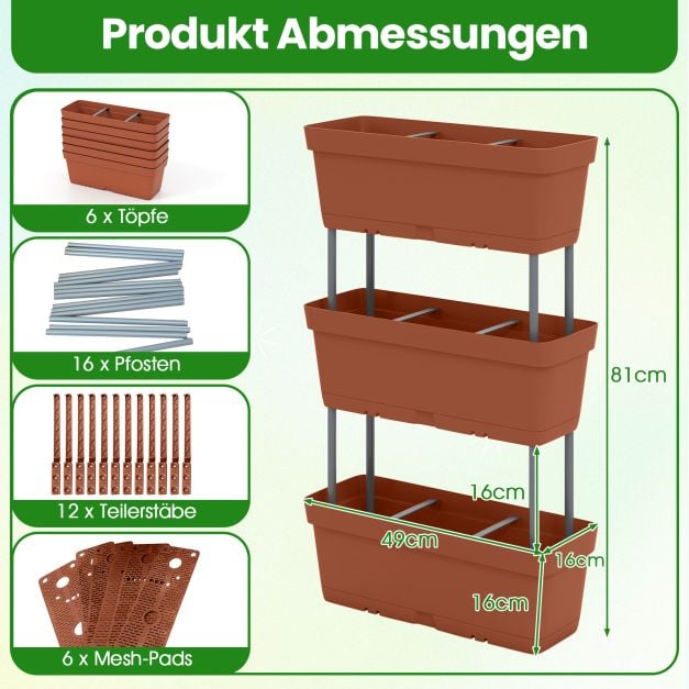 6 Stck Blumenksten mit Drainagesystem Pflanzksten Vertikales Hochbeet  Pflanzkbel Braun - Costway