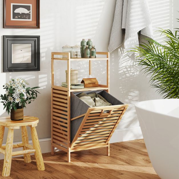 Badregal mit Wschekorb Regal aus Bambus Badschrank mit 2 Ablagen &  Ausklappbarer Korb aus Stoff Natur 43,5 x 33 x 96 cm - Costway