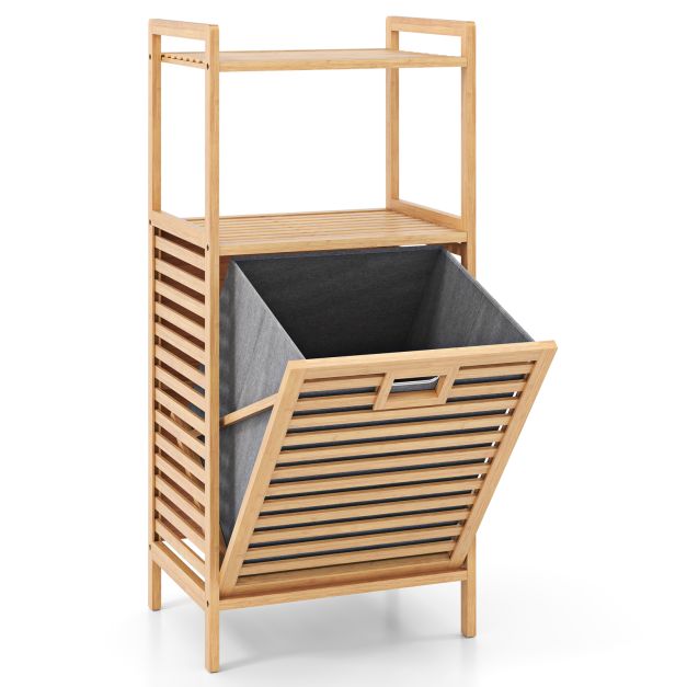 Badregal mit Wschekorb Regal aus Bambus Badschrank mit 2 Ablagen &  Ausklappbarer Korb aus Stoff Natur 43,5 x 33 x 96 cm - Costway