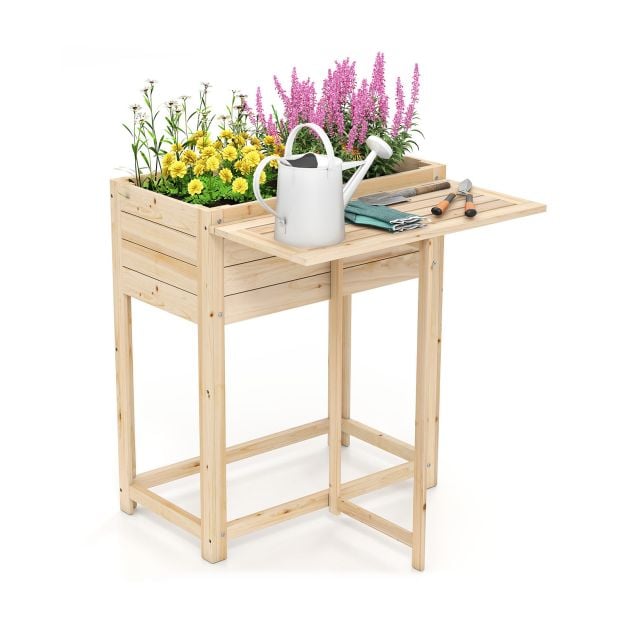 Hochbeet mit klappbarer Tischplatte Blumenkasten Holz mit Abflusslchern 63  x 67 x 74 cm Natur - Costway