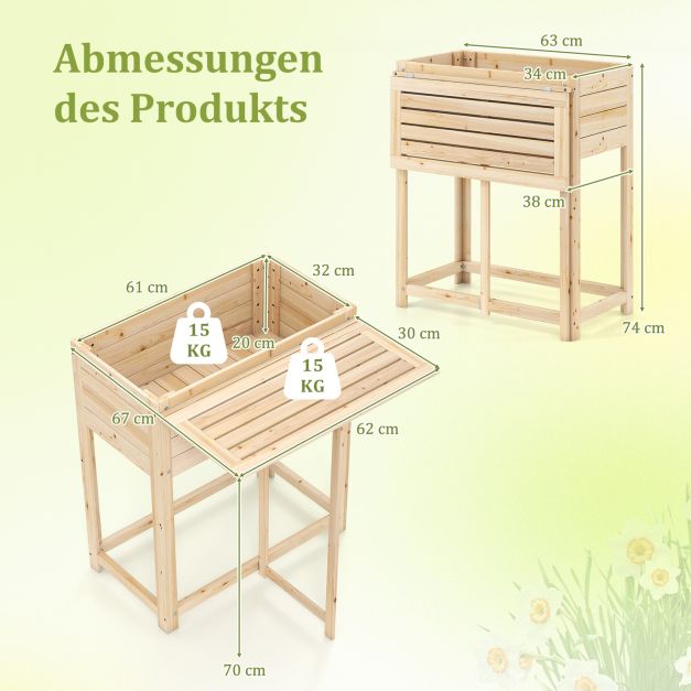 Hochbeet mit klappbarer Tischplatte Blumenkasten Holz mit Abflusslchern 63  x 67 x 74 cm Natur - Costway