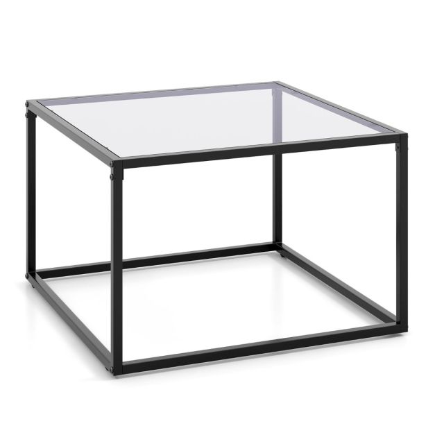 Quadratischer Glastisch mit Metallrahmen Moderner Kaffeetisch Couchtisch 70  x 70 x 45 cm Grau/Transparent - Costway