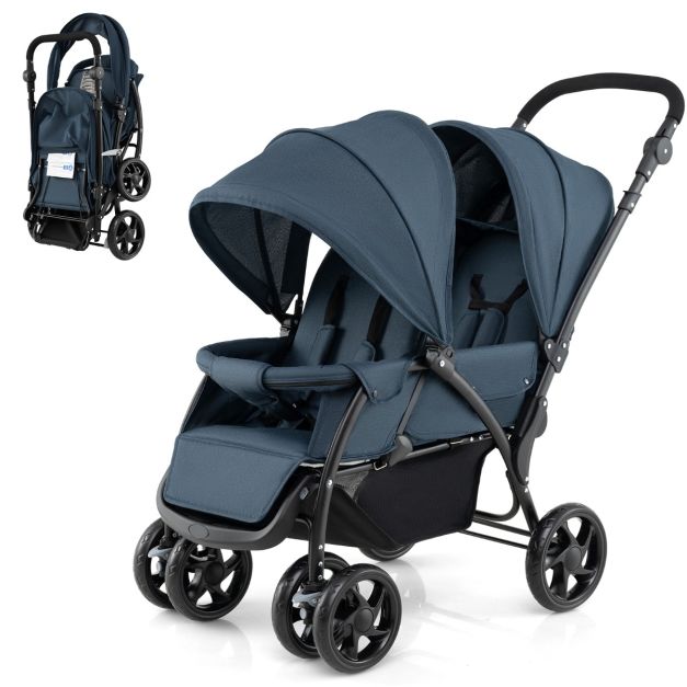 Geschwisterwagen klappbar Zwillingswagen mit verstellbarer Rckenlehne &  Verdeck 30 kg Belastbar Schwarz/Grau/Blau - Costway