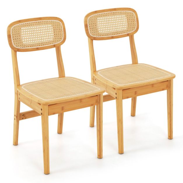 2er Set Rattan-Esszimmerstühle mit simulierter Rattan-Rückenlehne &  Filzfußmatten & Holzgestell Mid-Century-Stil - Costway