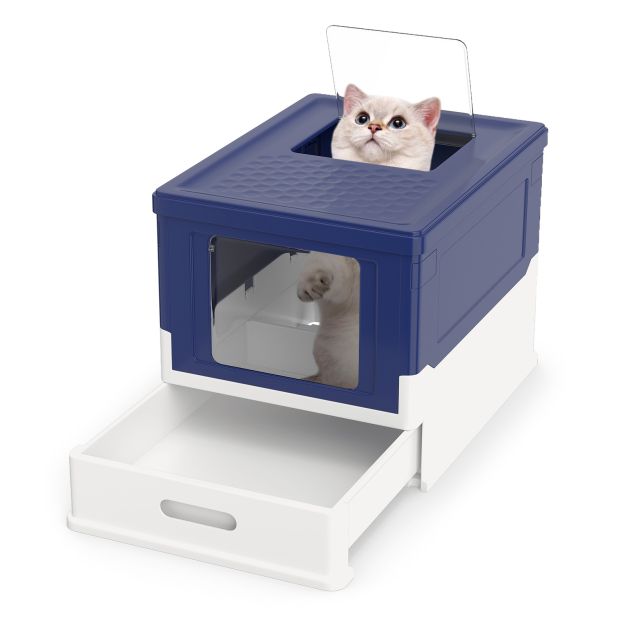 Faltbares Katzenklo mit Deckel & Ausziehbarem Tablett & Fronteinstieg  Katzentoilette Blau - Costway
