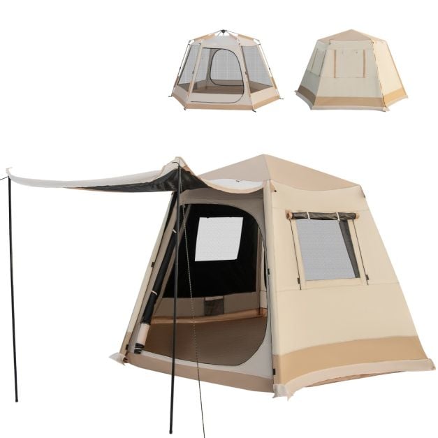 Pop-up-Campingzelt mit Automatischer Halterung & Tragetasche Doppellagiges  Kabinenzelt Beige - Costway