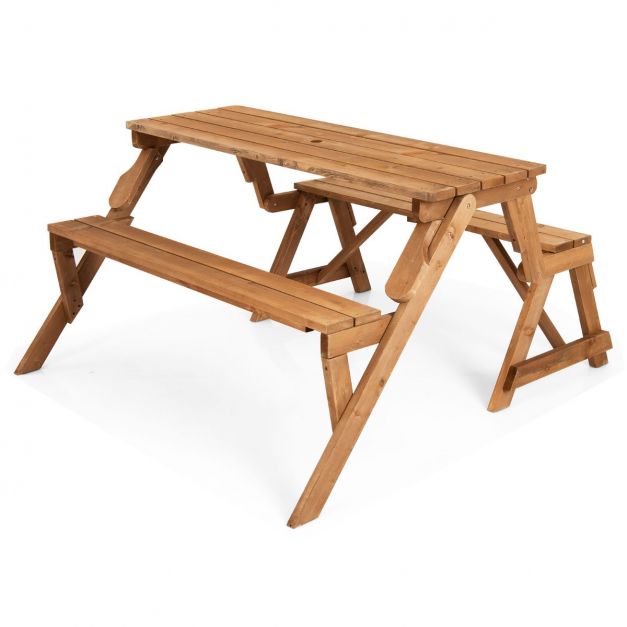 2 in 1 Umwandelbarer Picknicktisch & Gartenbank aus Holz Essgruppe 147 x  135,5 x 77 cm Goldbraun