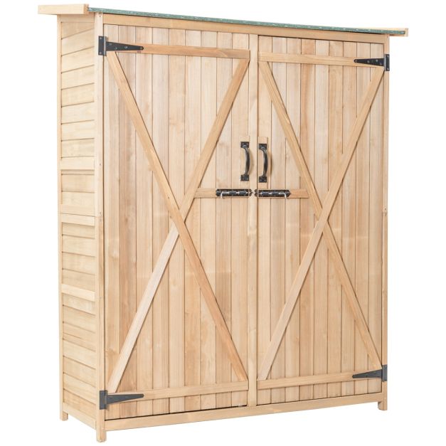 Gartenschrank aus Massivholz mit Schrägem Asphaltdach & Doppelt Türen &  Regalen Gerätehaus - Costway