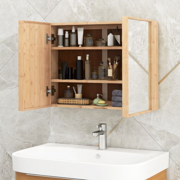 Badezimmerschrank mit Spiegel & Doppel-Tren & 2 Verstellbaren Regalen Bambus  Spiegelschrank - Costway