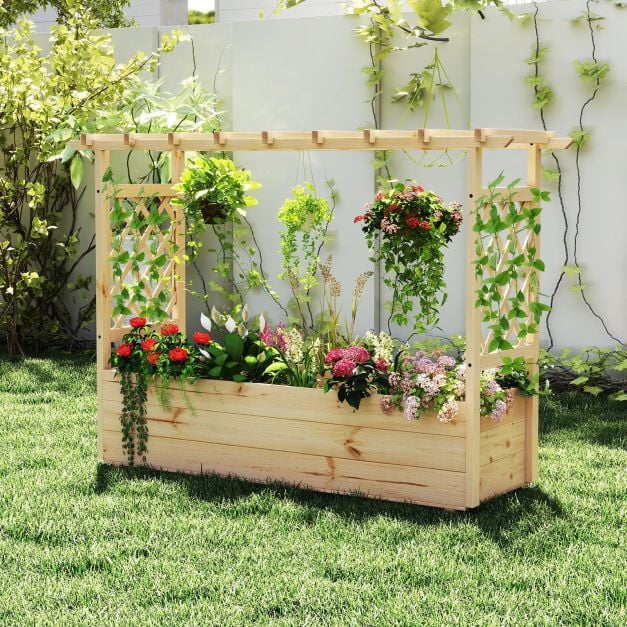 Hochbeet mit Rankgitter & hngendem Dach Pflanzkasten mit Rankhilfe &  Abflusslchern Blumenkasten Natur 150 x 50 x 104 cm - Costway