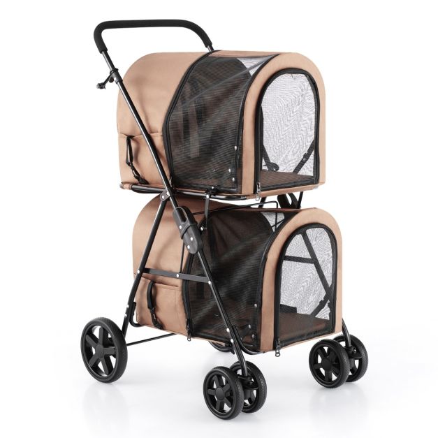 2 Etagen Hundewagen bis 16 kg Hundebuggy mit Netzfenstern Getrnkehalter  Beige - Costway