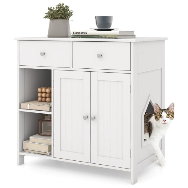 Holz Katzenschrank mit 2 Schubladen & Doppeltren & Offenen Fchern  katzentoilette