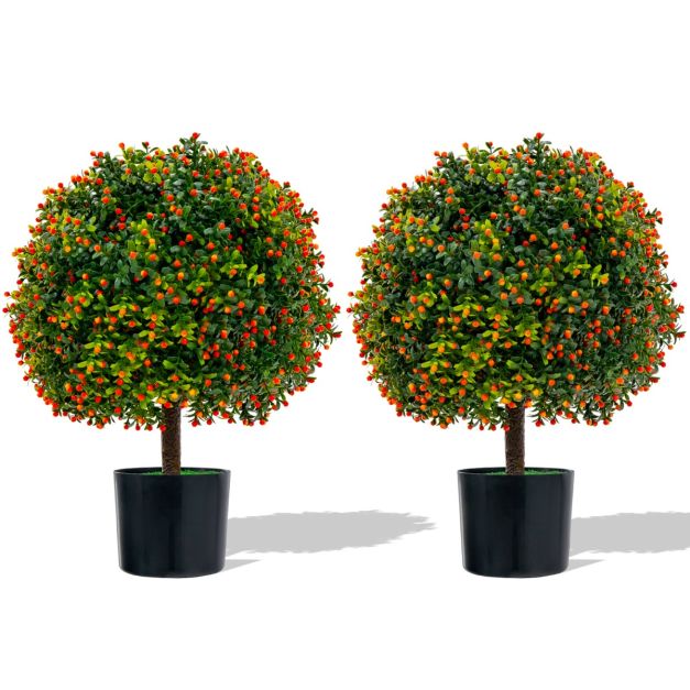 2er Set 55 cm Kunstpflanze mit Früchten & Topf Buchsbaum Topiary Kugelbaum  Grün + Orange - Costway