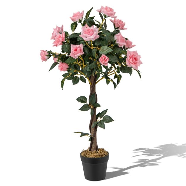 93 cm Rosenbaum mit 21 Kiefernrosen & Natürlicher Stamm Kunstbaum mit  Blüten - Costway