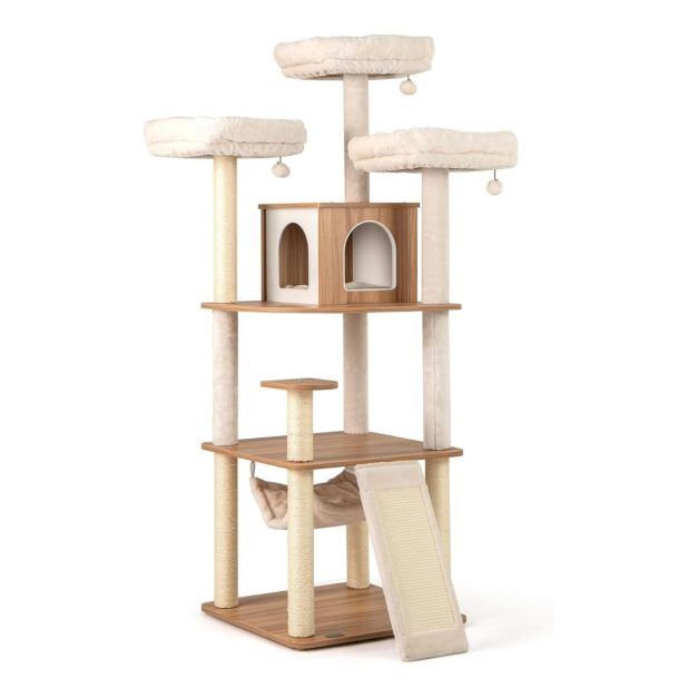 168cm Holz Kratzbaum mit Hhle & Leiter & Matten & Bllen & Hngematte  Katzenkratzbaum - Costway