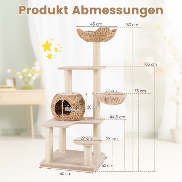 Kratzbaum mit Katzenhhle 150 cm hoch Katzenbaum mit Hngematte bis 10 kg  Beige+Natur