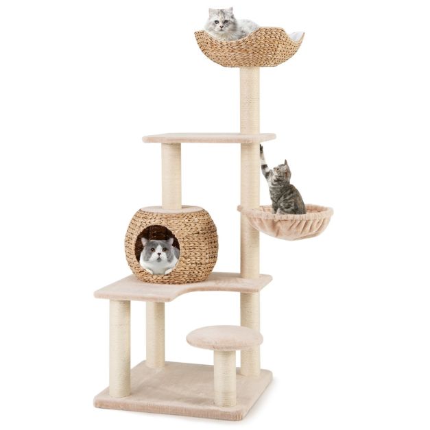 Kratzbaum mit Katzenhhle 150 cm hoch Katzenbaum mit Hngematte bis 10 kg  Beige+Natur