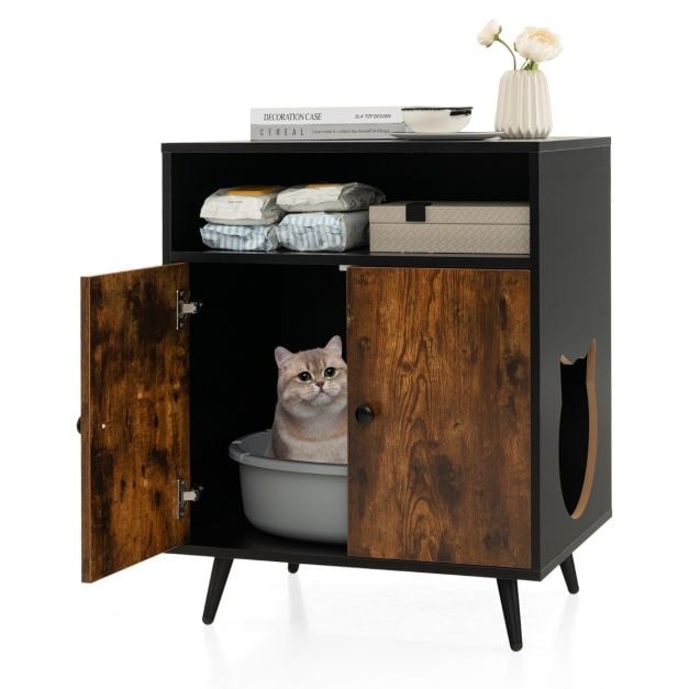 Katzenschrank Katzentoilette Katzenhaus mit Doppeltren & Eingang 60 x 45 x  75 cm Schwarz + Natur - Costway