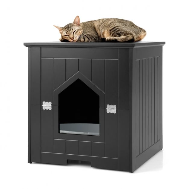 Katzentoiletten-Gehuse mit magnetischer halber Klapptr & Katzenloch  Schwarz