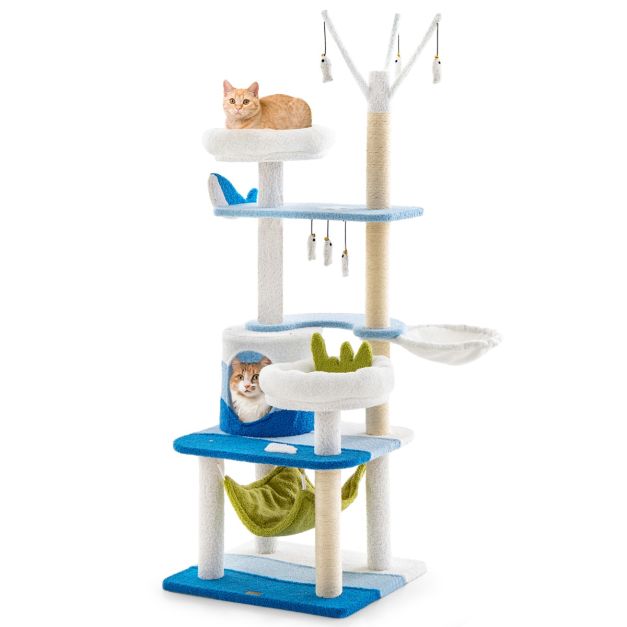 Kratzbaum im Meeresmotiv mit Sisalpfosten & Katzenhhle & Sitzflchen &  Hngematte Blau