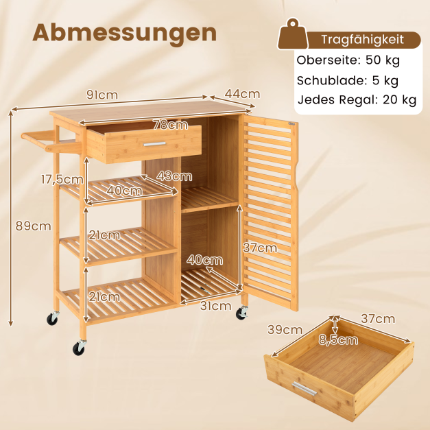 Kchenwagen mit Stauraum Bambus-Rollwagen Servierwagen mit Schublade 3  offene Regale Einzeltr-Schrank Natur - Costway