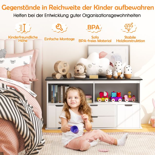 Kinder Spielzeugschrank Kinderregal Kommode mit 3 Schubladen & Rollen 121 x  33 x 62 cm