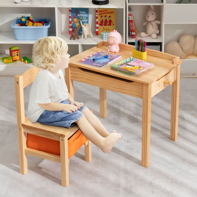 Kindertisch + Stuhl aus Massivholz mit Klappbarer Tischplatte & Schublade &  Haken - Costway